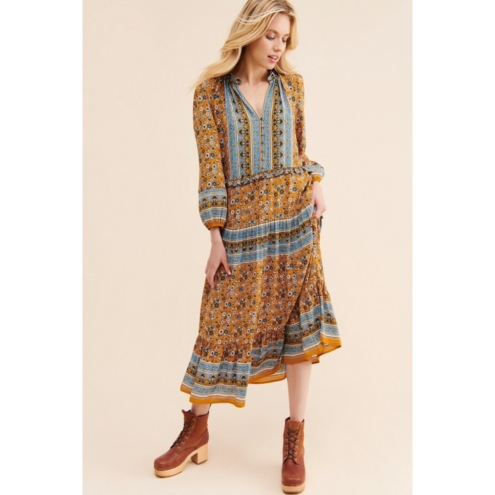 Current Air Anthropologie Midi Dress Medium Modest Boho Prairie Cottagecore Folk